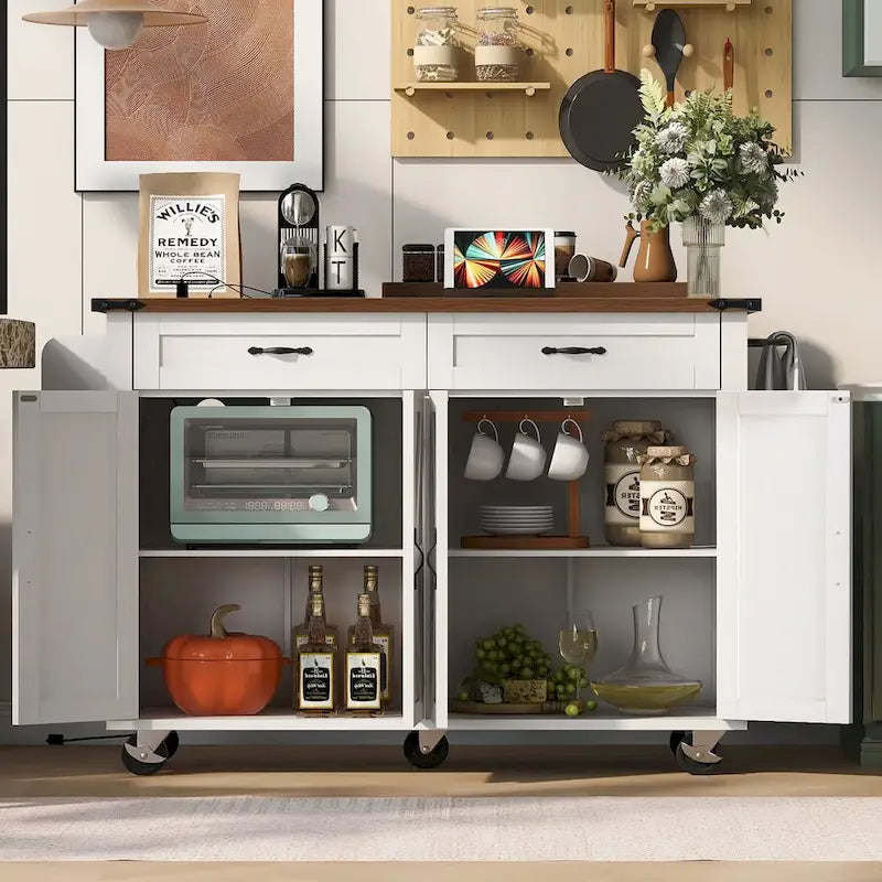 Îlot de cuisine de style campagnard de 53,5 po avec prise électrique, abattant, porte-épices et 2 tiroirs, 5 roues
