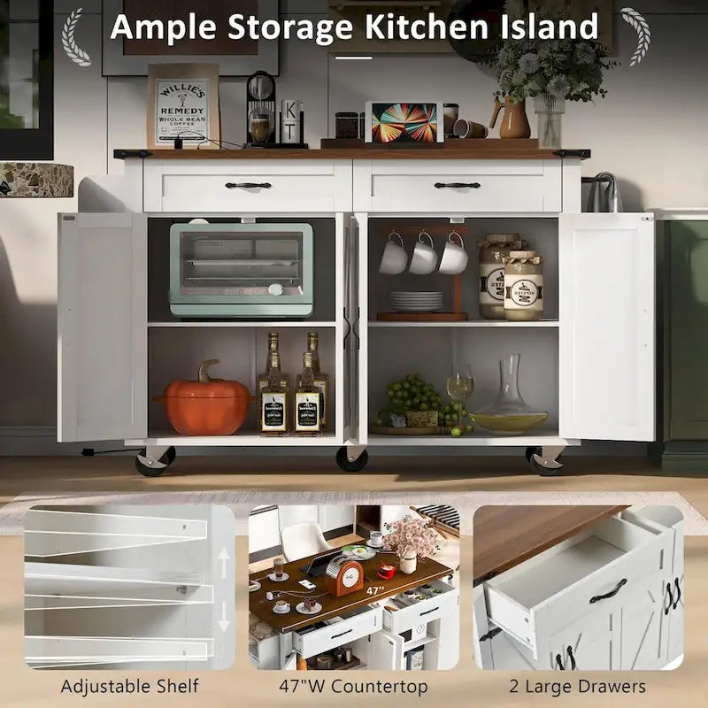 Îlot de cuisine de style campagnard de 53,5 po avec prise électrique, abattant, porte-épices et 2 tiroirs, 5 roues
