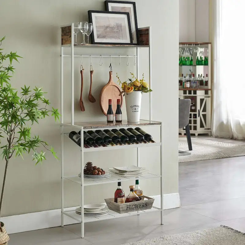 Red Tile Bakers Rack with 9 Wine Bottle Capacity Rack & 8 Hooks - Kitchen Storage Organizer, White