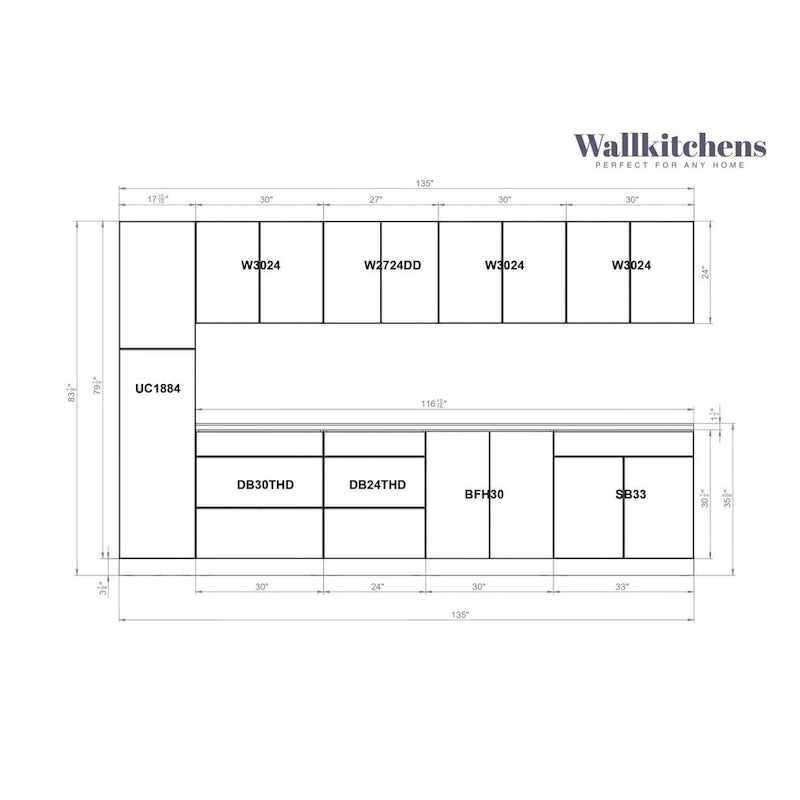 Collection Cuisine Élégante, Base Blanc Brillant, Largeur 11 pi - 135 x 24