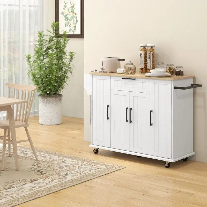 Îlot de cuisine roulant de 52 pouces avec plateau en bois d'hévéa, étagère à épices, porte-serviettes et tiroir