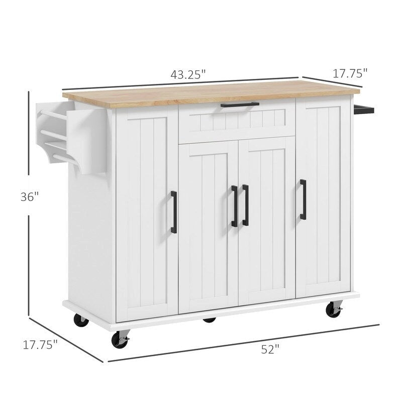 Îlot de cuisine roulant de 52 pouces avec plateau en bois d'hévéa, étagère à épices, porte-serviettes et tiroir