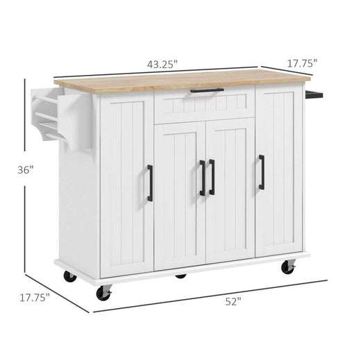 Îlot de cuisine roulant de 52 pouces avec plateau en bois d'hévéa, étagère à épices, porte-serviettes et tiroir