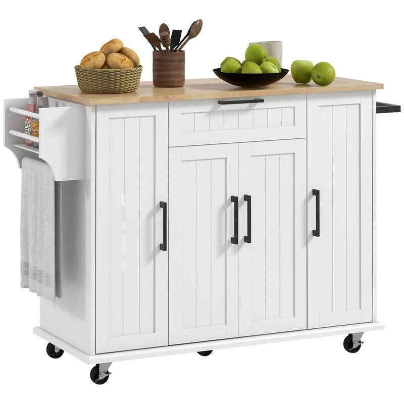 Îlot de cuisine roulant de 52 pouces avec plateau en bois d'hévéa, étagère à épices, porte-serviettes et tiroir