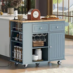 Chariot de cuisine moderne de 47 pouces avec prise électrique, îlot de cuisine en bois d'hévéa avec abattant et armoire de rangement réglable