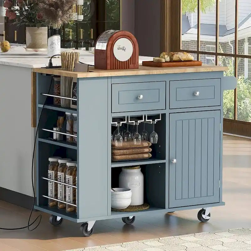 Chariot de cuisine moderne de 47 pouces avec prise électrique, îlot de cuisine en bois d'hévéa avec abattant et armoire de rangement réglable