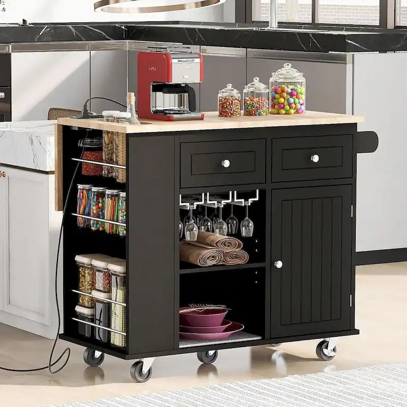 Chariot de cuisine moderne de 47 pouces avec prise électrique, îlot de cuisine en bois d'hévéa avec abattant et armoire de rangement réglable