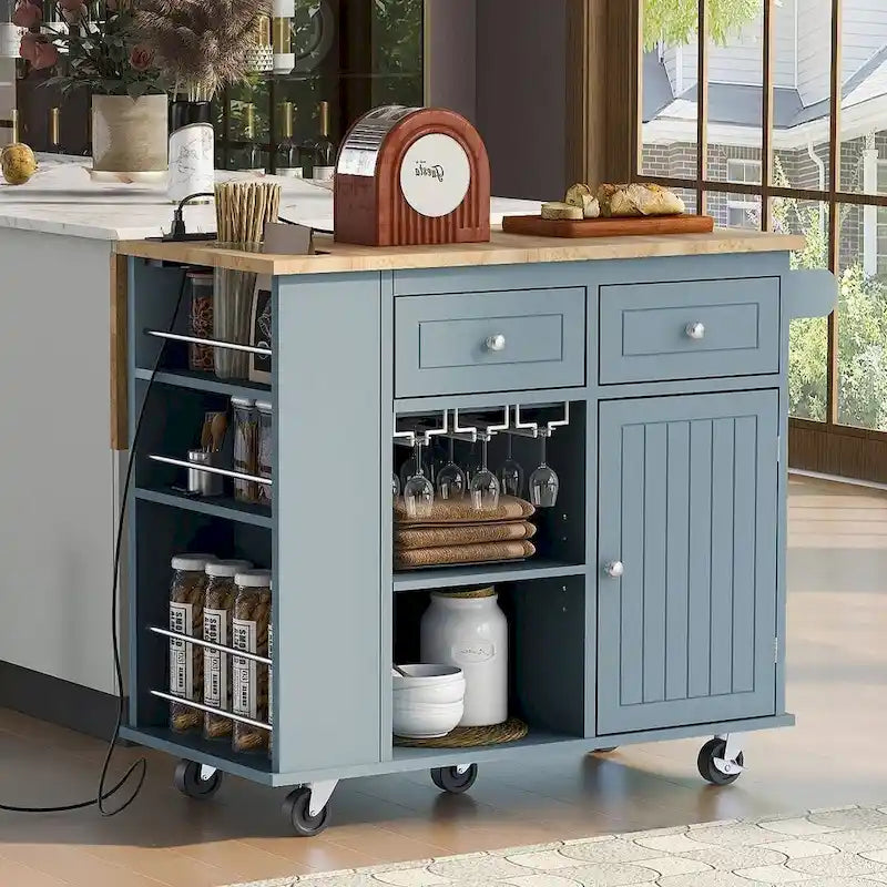 Chariot de cuisine moderne de 47 pouces avec prise électrique, îlot de cuisine en bois d'hévéa avec abattant et armoire de rangement réglable