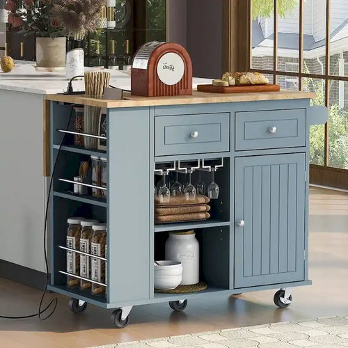 Chariot de cuisine moderne de 47 pouces avec prise électrique, îlot de cuisine en bois d'hévéa avec abattant et armoire de rangement réglable