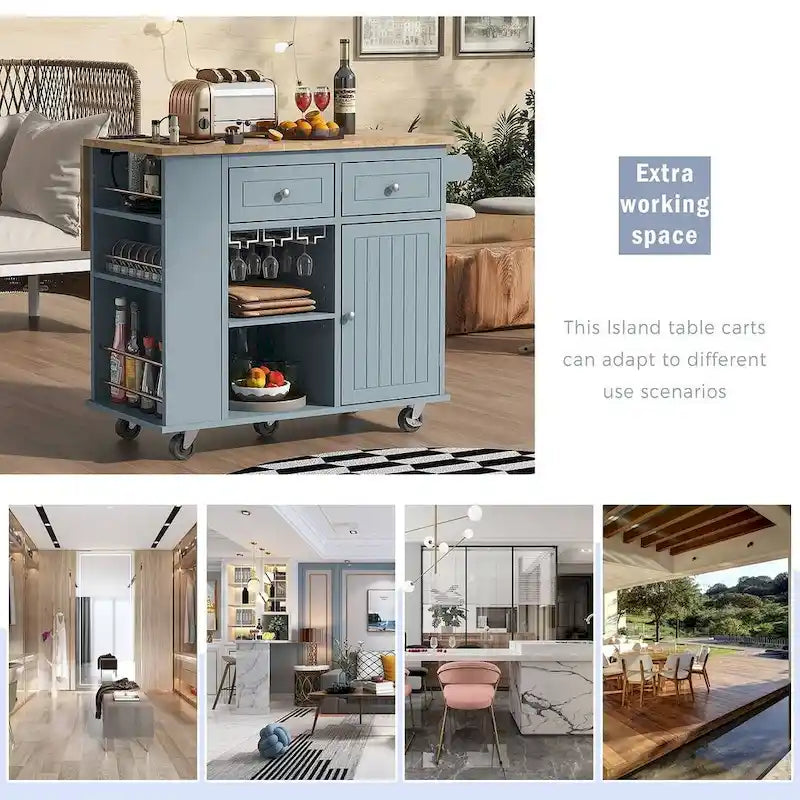 Chariot de cuisine moderne de 47 pouces avec prise électrique, îlot de cuisine en bois d'hévéa avec abattant et armoire de rangement réglable