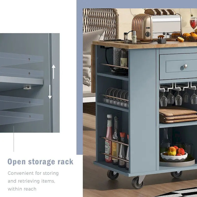 Chariot de cuisine moderne de 47 pouces avec prise électrique, îlot de cuisine en bois d'hévéa avec abattant et armoire de rangement réglable