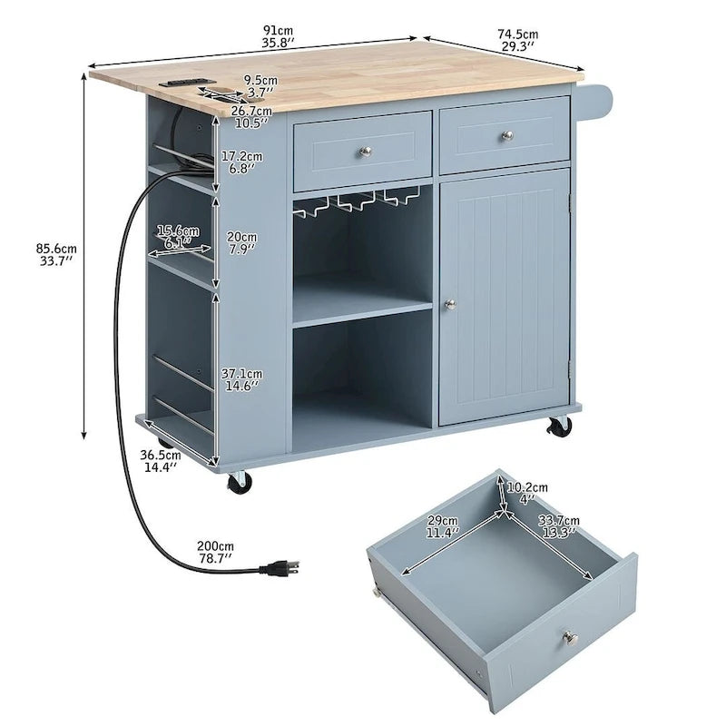 Chariot de cuisine moderne de 47 pouces avec prise électrique, îlot de cuisine en bois d'hévéa avec abattant et armoire de rangement réglable