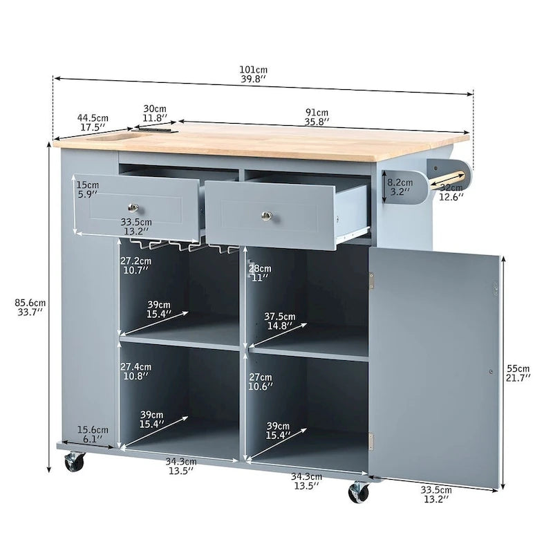 Chariot de cuisine moderne de 47 pouces avec prise électrique, îlot de cuisine en bois d'hévéa avec abattant et armoire de rangement réglable