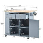 Chariot de cuisine moderne de 47 pouces avec prise électrique, îlot de cuisine en bois d'hévéa avec abattant et armoire de rangement réglable