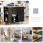 Chariot de cuisine moderne de 47 pouces avec prise électrique, îlot de cuisine en bois d'hévéa avec abattant et armoire de rangement réglable