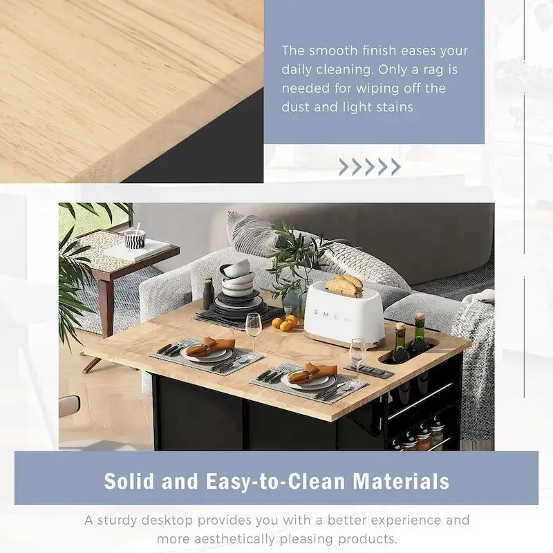 Chariot de cuisine moderne de 47 pouces avec prise électrique, îlot de cuisine en bois d'hévéa avec abattant et armoire de rangement réglable