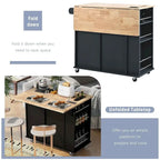 Chariot de cuisine moderne de 47 pouces avec prise électrique, îlot de cuisine en bois d'hévéa avec abattant et armoire de rangement réglable