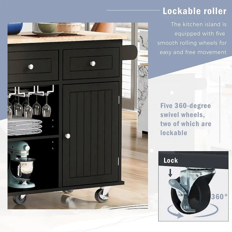 Chariot de cuisine moderne de 47 pouces avec prise électrique, îlot de cuisine en bois d'hévéa avec abattant et armoire de rangement réglable