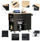 Chariot de cuisine moderne de 47 pouces avec prise électrique, îlot de cuisine en bois d'hévéa avec abattant et armoire de rangement réglable