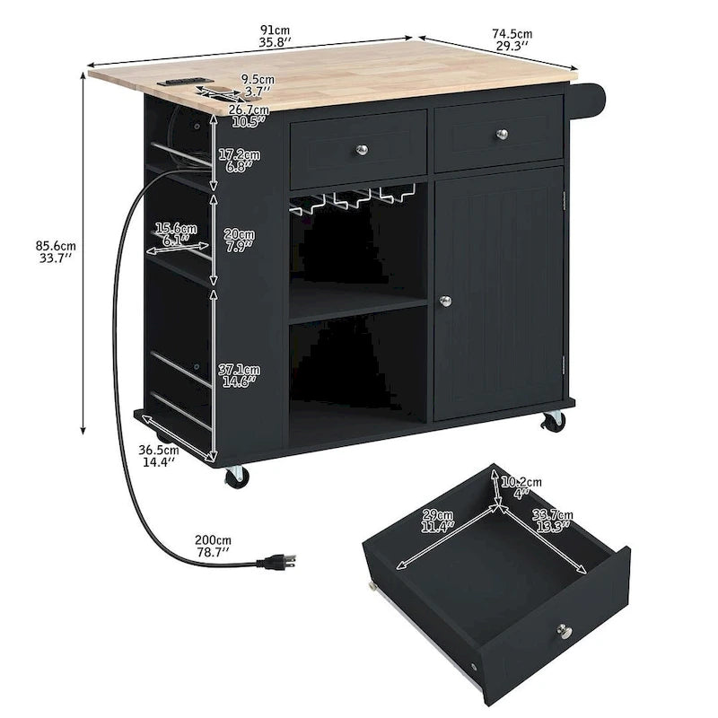 Chariot de cuisine moderne de 47 pouces avec prise électrique, îlot de cuisine en bois d'hévéa avec abattant et armoire de rangement réglable