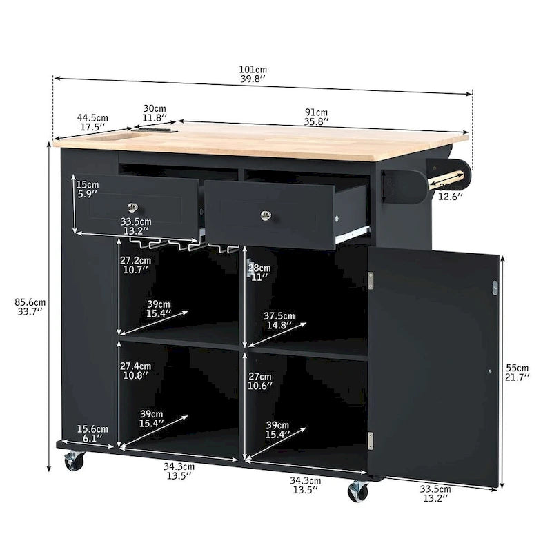 Chariot de cuisine moderne de 47 pouces avec prise électrique, îlot de cuisine en bois d'hévéa avec abattant et armoire de rangement réglable