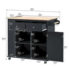 Chariot de cuisine moderne de 47 pouces avec prise électrique, îlot de cuisine en bois d'hévéa avec abattant et armoire de rangement réglable