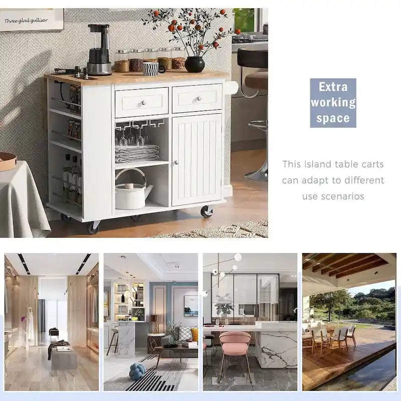 Chariot de cuisine moderne de 47 pouces avec prise électrique, îlot de cuisine en bois d'hévéa avec abattant et armoire de rangement réglable