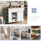 Chariot de cuisine moderne de 47 pouces avec prise électrique, îlot de cuisine en bois d'hévéa avec abattant et armoire de rangement réglable