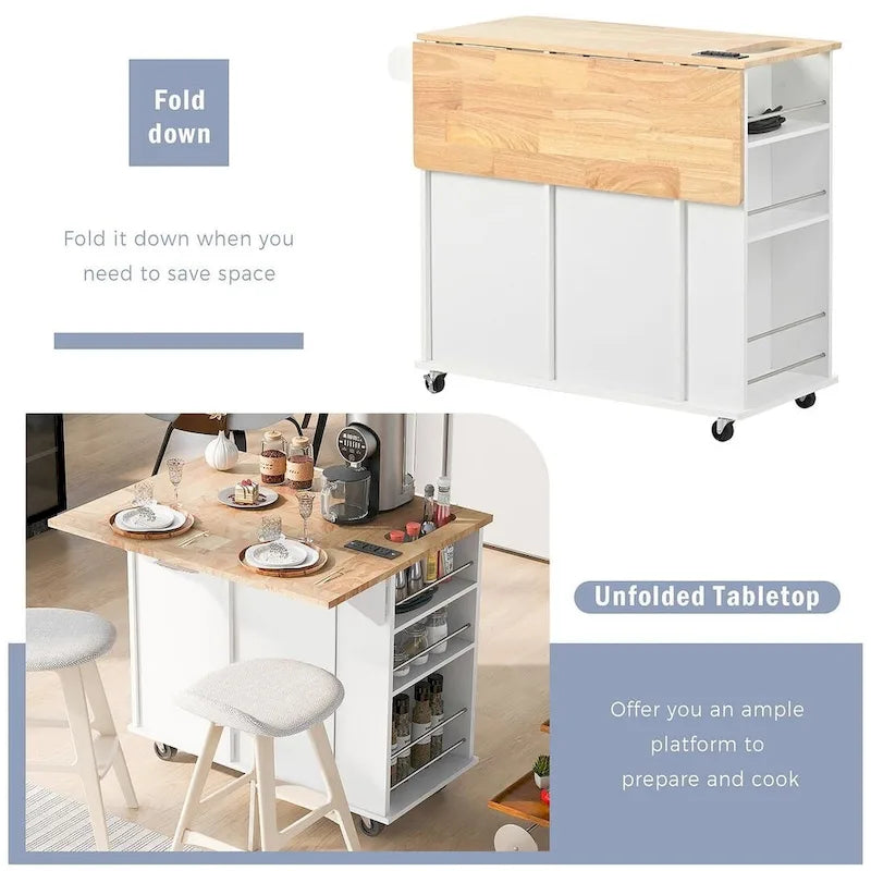 Chariot de cuisine moderne de 47 pouces avec prise électrique, îlot de cuisine en bois d'hévéa avec abattant et armoire de rangement réglable