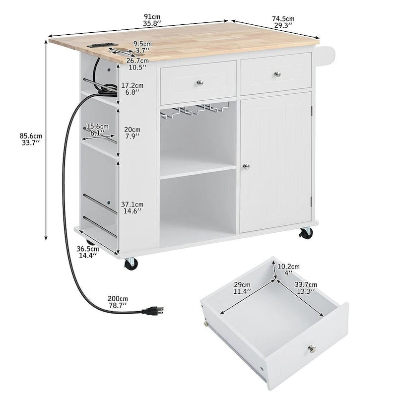 Chariot de cuisine moderne de 47 pouces avec prise électrique, îlot de cuisine en bois d'hévéa avec abattant et armoire de rangement réglable