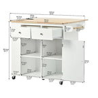 Chariot de cuisine moderne de 47 pouces avec prise électrique, îlot de cuisine en bois d'hévéa avec abattant et armoire de rangement réglable