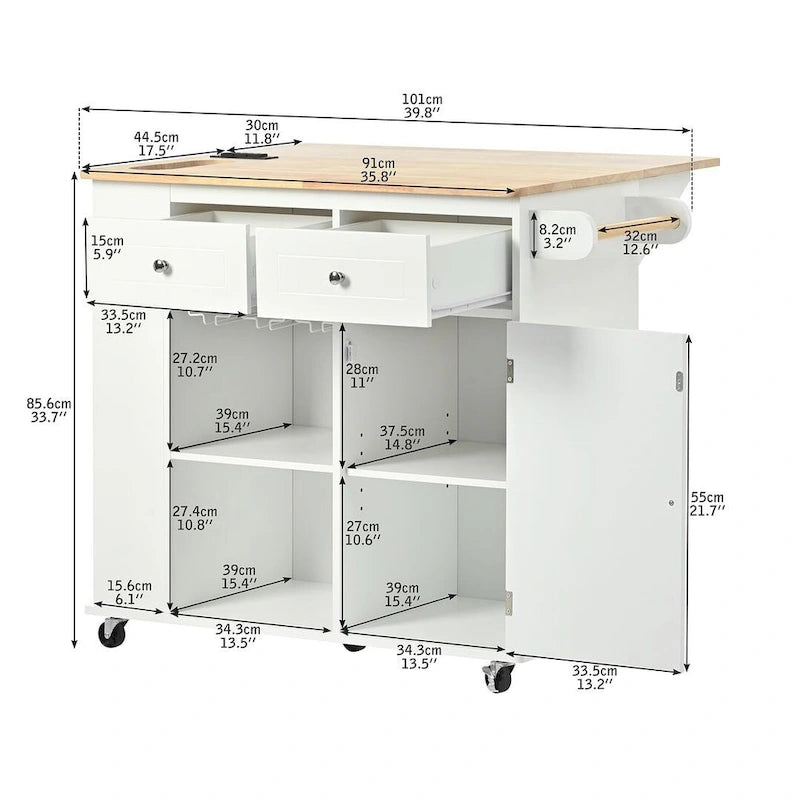 Chariot de cuisine moderne de 47 pouces avec prise électrique, îlot de cuisine en bois d'hévéa avec abattant et armoire de rangement réglable