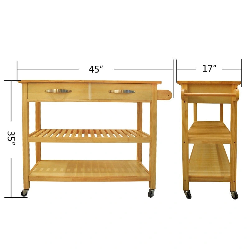 Îlot de cuisine et desserte au design épuré, double étagère et 2 tiroirs avec plateau en bois
