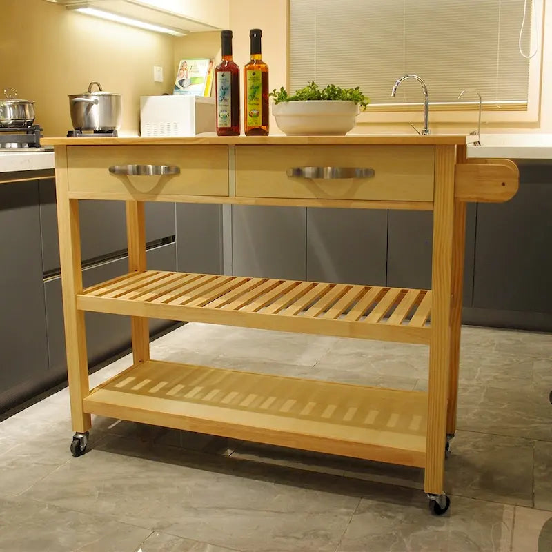 Îlot de cuisine et desserte au design épuré, double étagère et 2 tiroirs avec plateau en bois