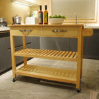 Îlot de cuisine et desserte au design épuré, double étagère et 2 tiroirs avec plateau en bois