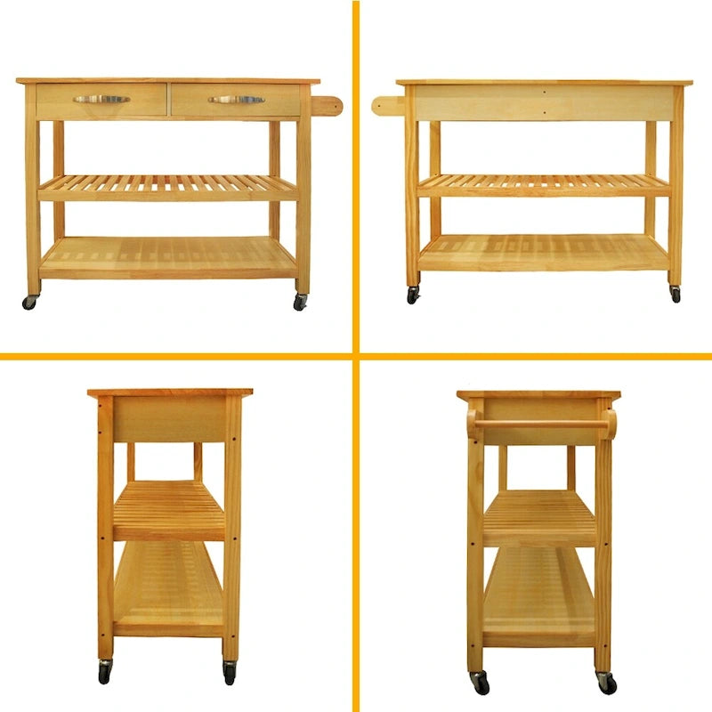 Îlot de cuisine et desserte au design épuré, double étagère et 2 tiroirs avec plateau en bois