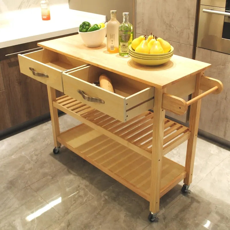 Îlot de cuisine et desserte au design épuré, double étagère et 2 tiroirs avec plateau en bois