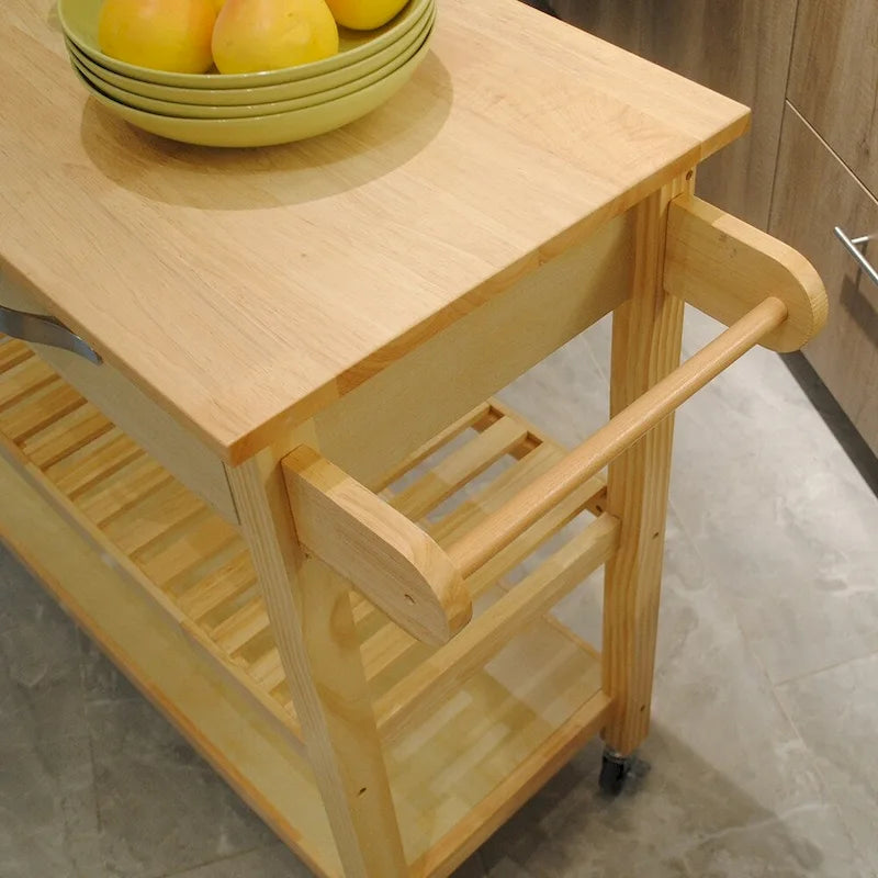 Îlot de cuisine et desserte au design épuré, double étagère et 2 tiroirs avec plateau en bois