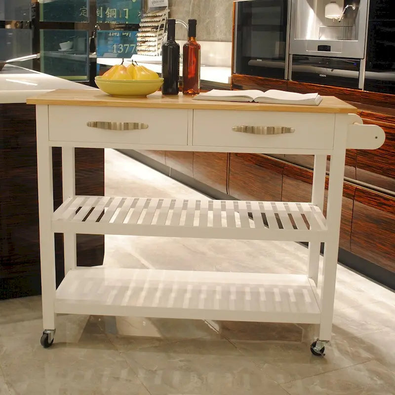 Îlot de cuisine et desserte au design épuré, double étagère et 2 tiroirs avec plateau en bois