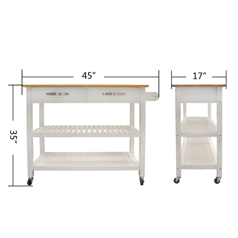 Îlot de cuisine et desserte au design épuré, double étagère et 2 tiroirs avec plateau en bois