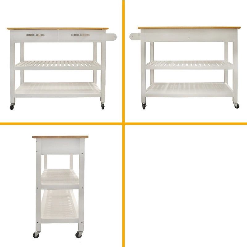 Îlot de cuisine et desserte au design épuré, double étagère et 2 tiroirs avec plateau en bois