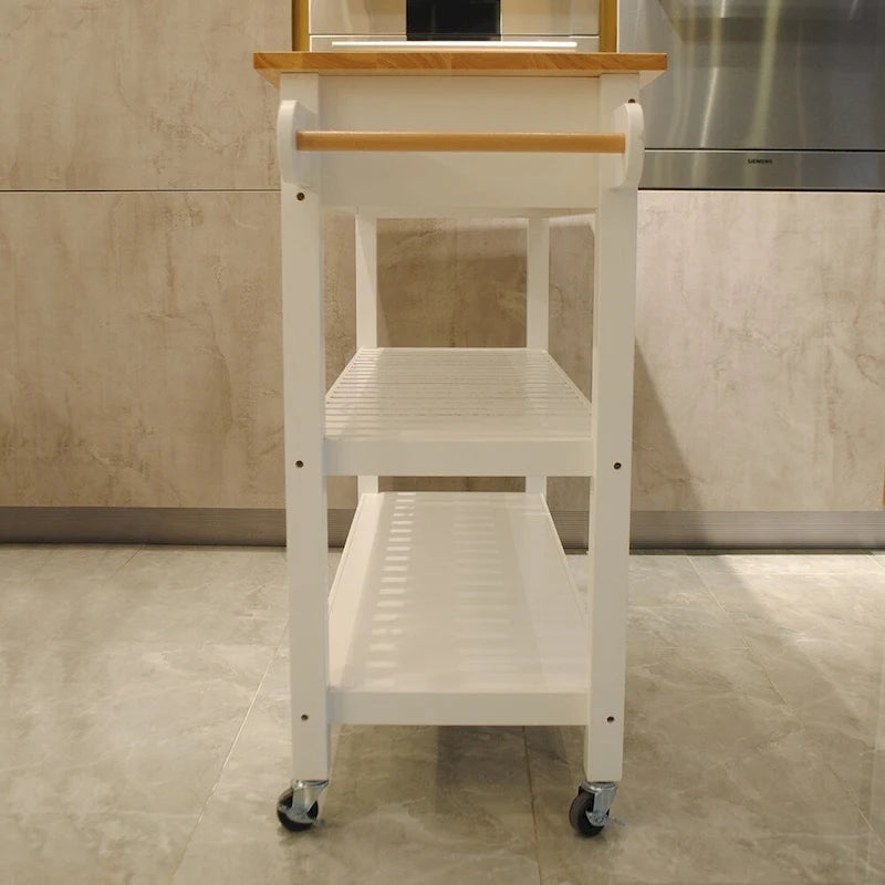 Îlot de cuisine et desserte au design épuré, double étagère et 2 tiroirs avec plateau en bois