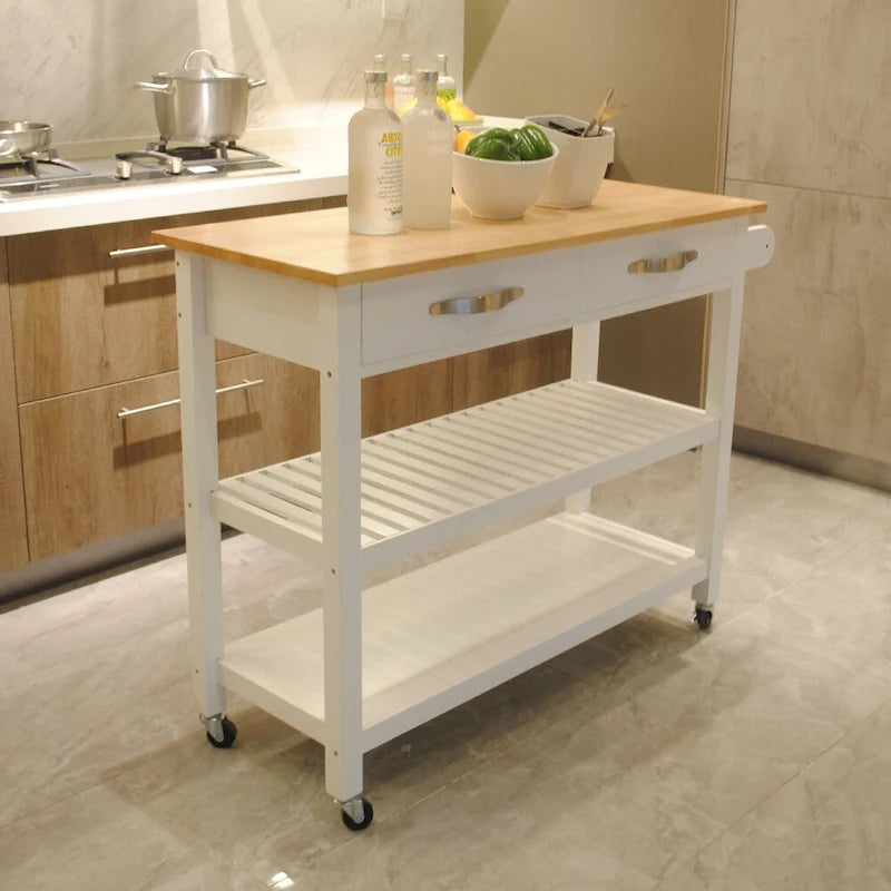 Îlot de cuisine et desserte au design épuré, double étagère et 2 tiroirs avec plateau en bois