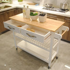 Îlot de cuisine et desserte au design épuré, double étagère et 2 tiroirs avec plateau en bois