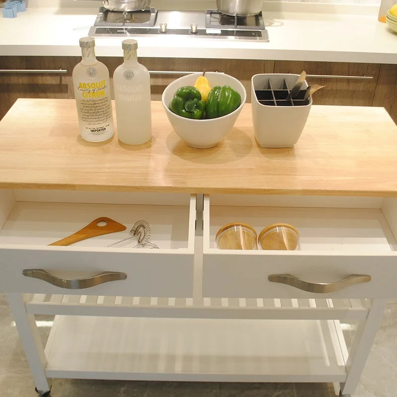 Îlot de cuisine et desserte au design épuré, double étagère et 2 tiroirs avec plateau en bois
