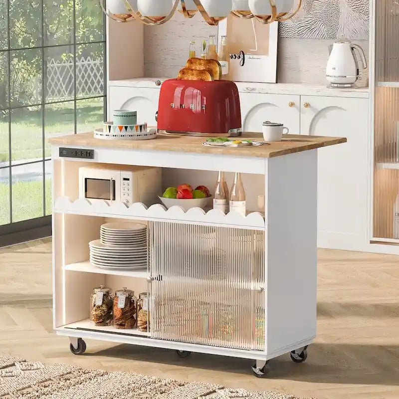Îlot de cuisine de 112 cm de largeur, comptoir rabattable en bois d'hévéa sur 5 roulettes, avec étagère ouverte et casier à vin - 44