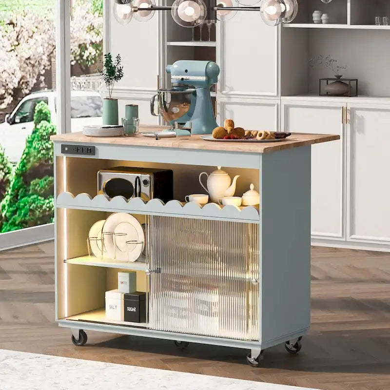 Îlot de cuisine de 112 cm de largeur, comptoir rabattable en bois d'hévéa sur 5 roulettes, avec étagère ouverte et casier à vin - 44