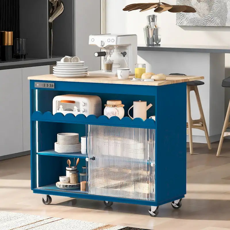 Îlot de cuisine de 112 cm de largeur, comptoir rabattable en bois d'hévéa sur 5 roulettes, avec étagère ouverte et casier à vin - 44