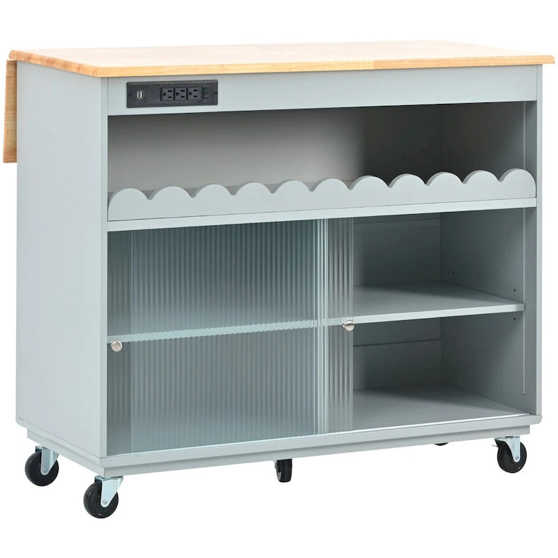Îlot de cuisine de 112 cm de largeur, comptoir rabattable en bois d'hévéa sur 5 roulettes, avec étagère ouverte et casier à vin - 44