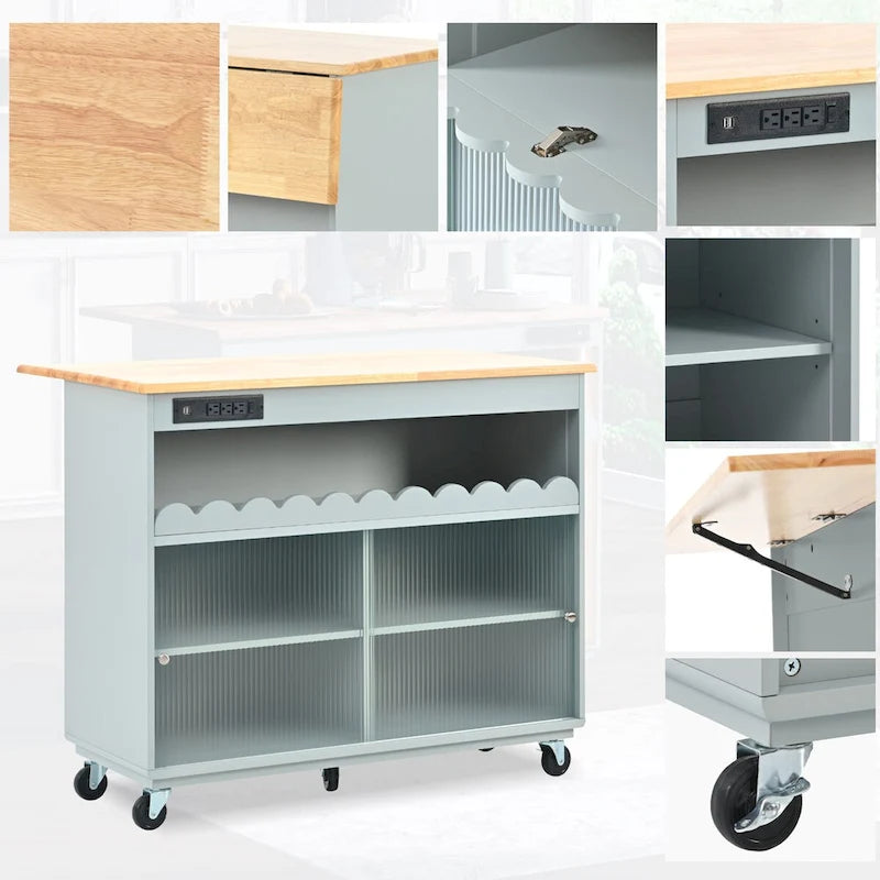 Îlot de cuisine de 112 cm de largeur, comptoir rabattable en bois d'hévéa sur 5 roulettes, avec étagère ouverte et casier à vin - 44